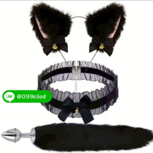 เซตหูแมวหางแมวพร้อมปลอกคอ ปลั๊กสเตนเลสขนนุ่มสีดำ